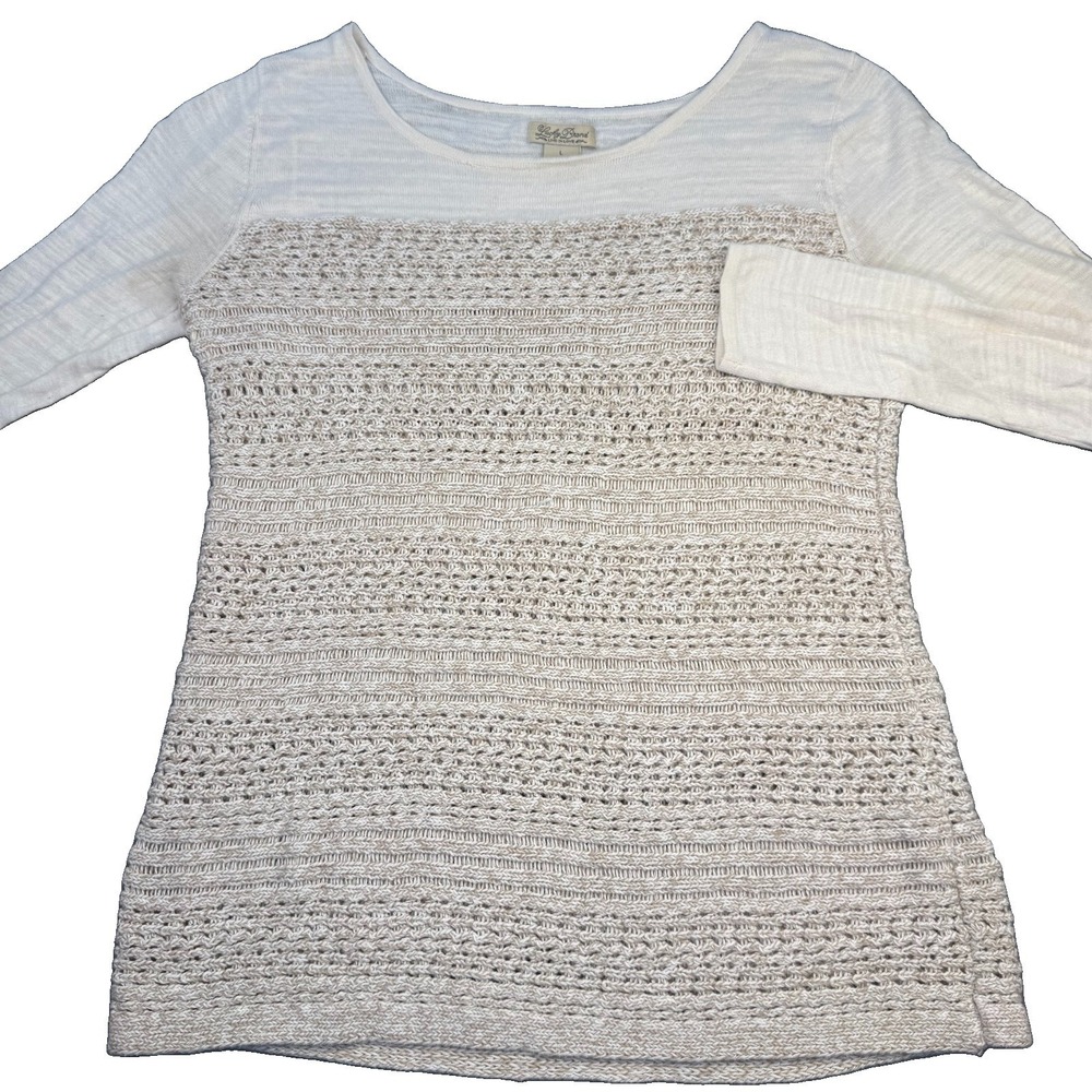 Lucky Brand Ivory Crochet Lace Long Sleeve Knit Top Size L Boho Mixed Media